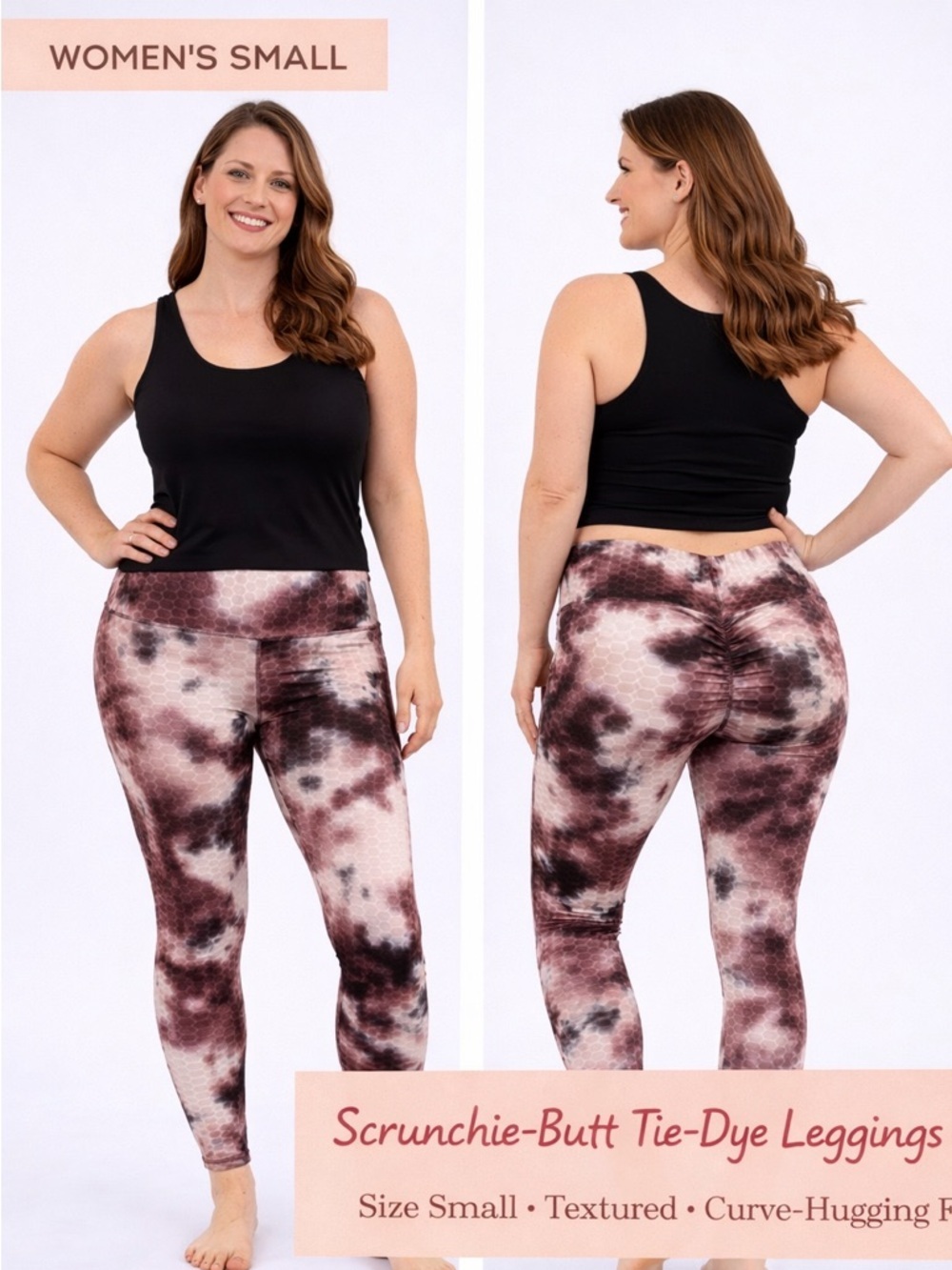 No comment Scrunchie-Butt Tie-Dye Leggings - Women's Small, Black & Mauve Print